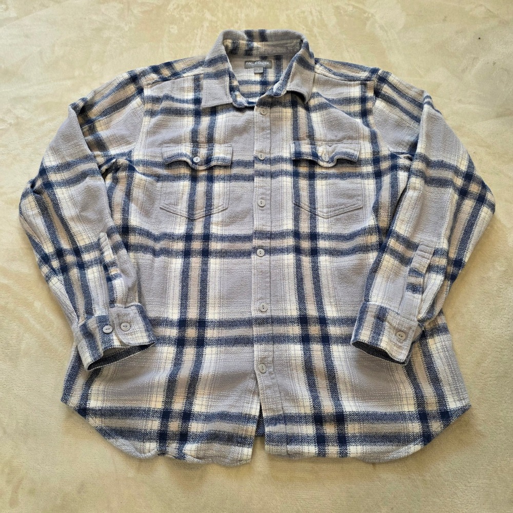 Falls Creek Mens Plaid Flannel Shirt Size L Gray Navy Blue Button Up Long Sleeve